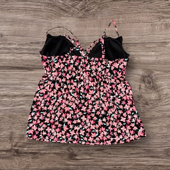 Candie's Pink and Black Dressy Floral Babydoll Tank w/ Built in Bra - Picture 3 of 3